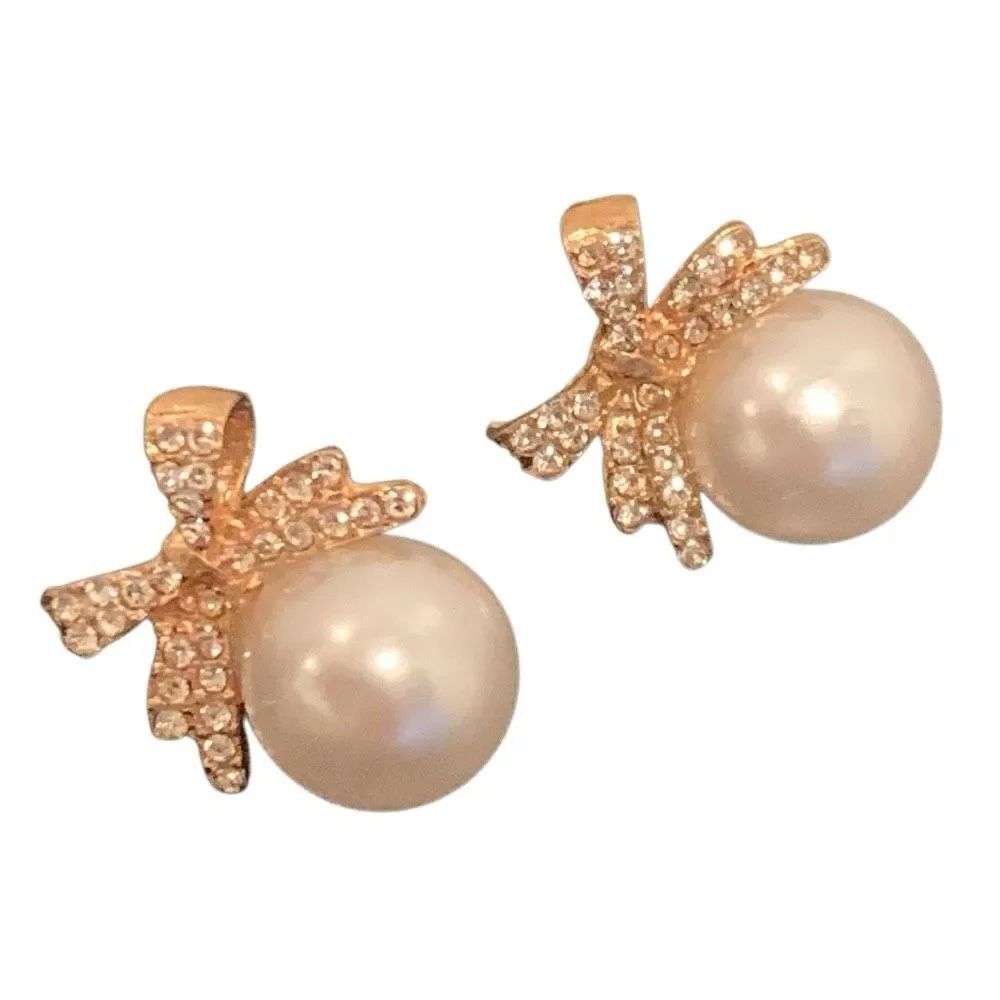 Nina Bridal Faux Pearl & Bow Earrings - Gold Tone with Pavé, Bridesmaids